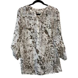 LOFT Blouse Large Splatter Print Quarter Button Tab Sleeve Lightweight Top